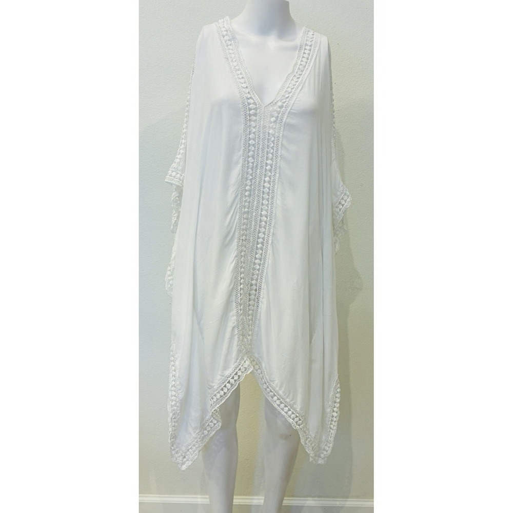 Tommy Bahama Lace Trim Tunic Caftan Swim‎ Cover Up White XS Beach Resort Coastal